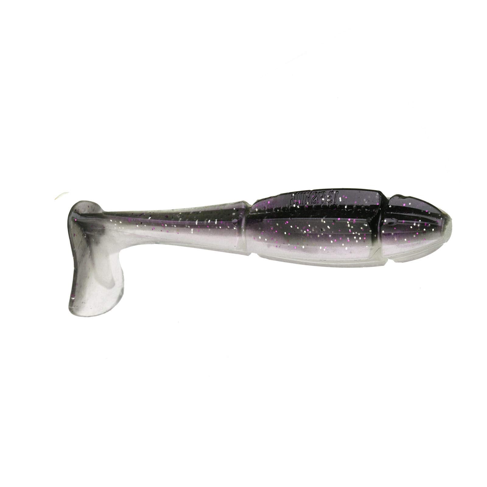 13 Fishing Churro paddle tail swimbait in Purple Rain, showcasing lure action to attract largemouth bass.