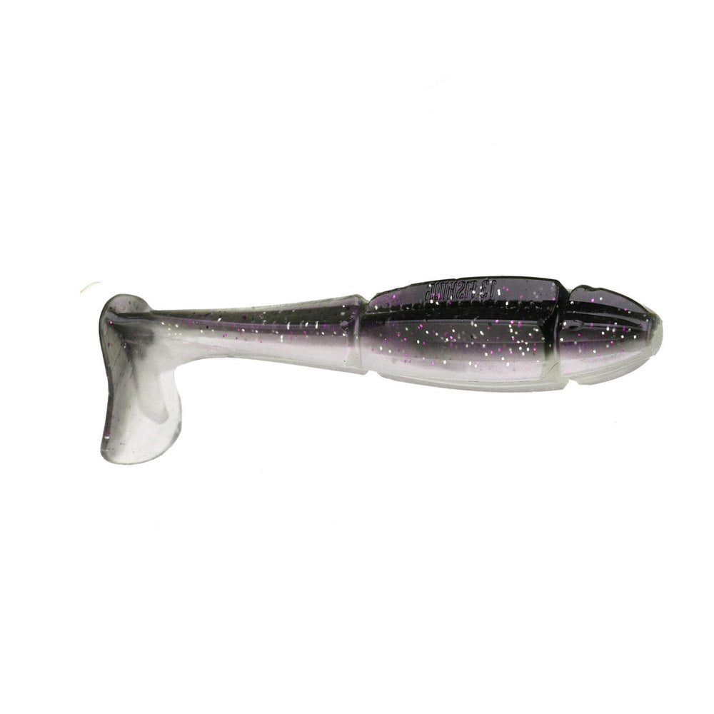 13 Fishing Churro paddle tail swimbait in Purple Rain, showcasing lure action to attract largemouth bass.