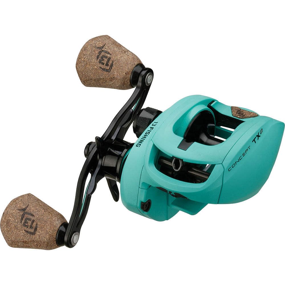 13 FISHING Concept TX2 baitcast reel side view shows compact low-profile design for all-day fishing.