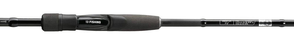13 FISHING Defy Black 6'7\" spinning rod butt-end view emphasizing sturdy construction.