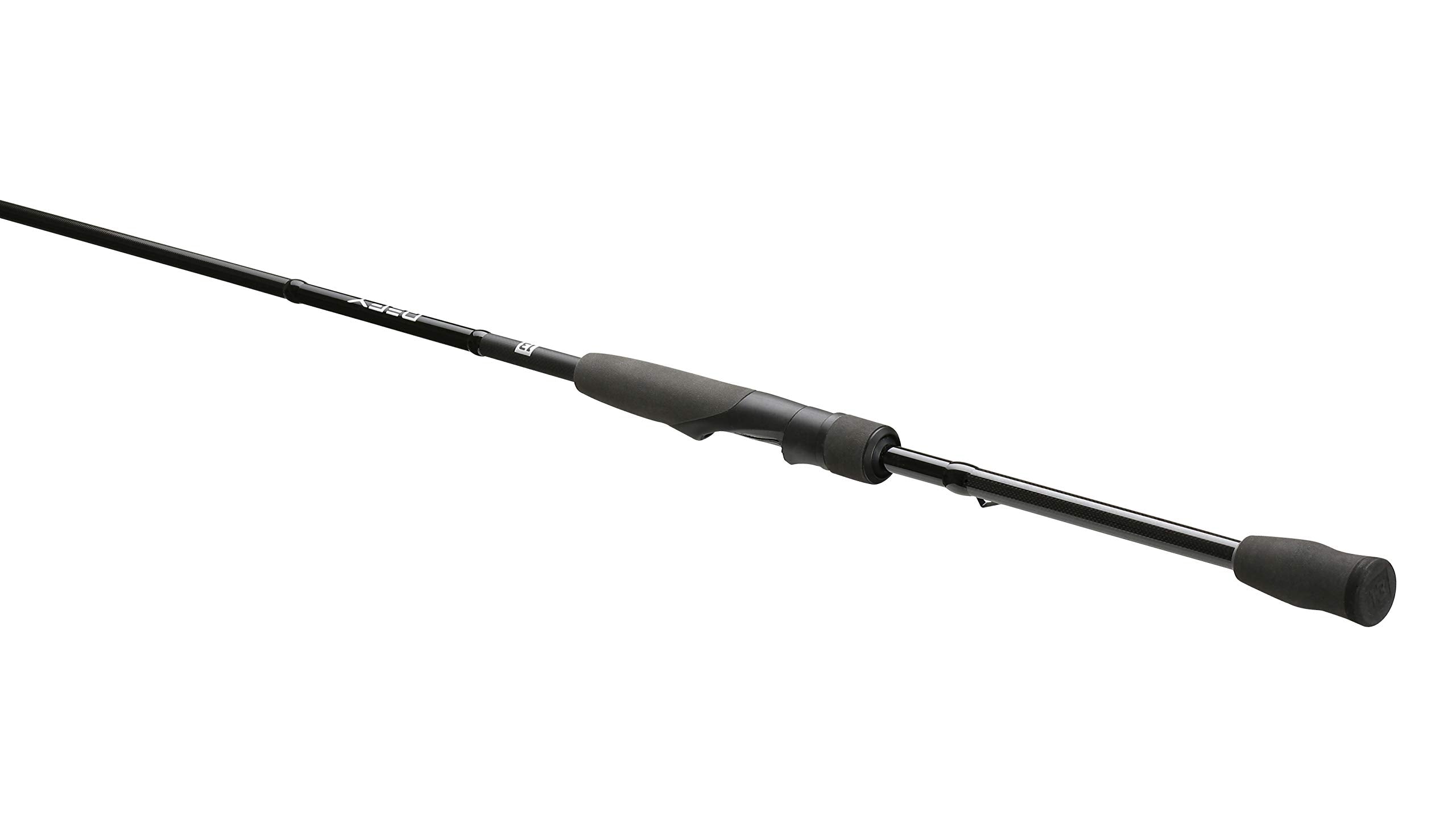 13 FISHING Defy Black 6'7\" spinning rod rear view highlighting balance under heavy cover.