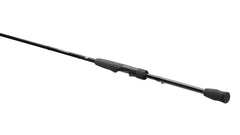 13 FISHING Defy Black 6'7\" spinning rod rear view highlighting balance under heavy cover.