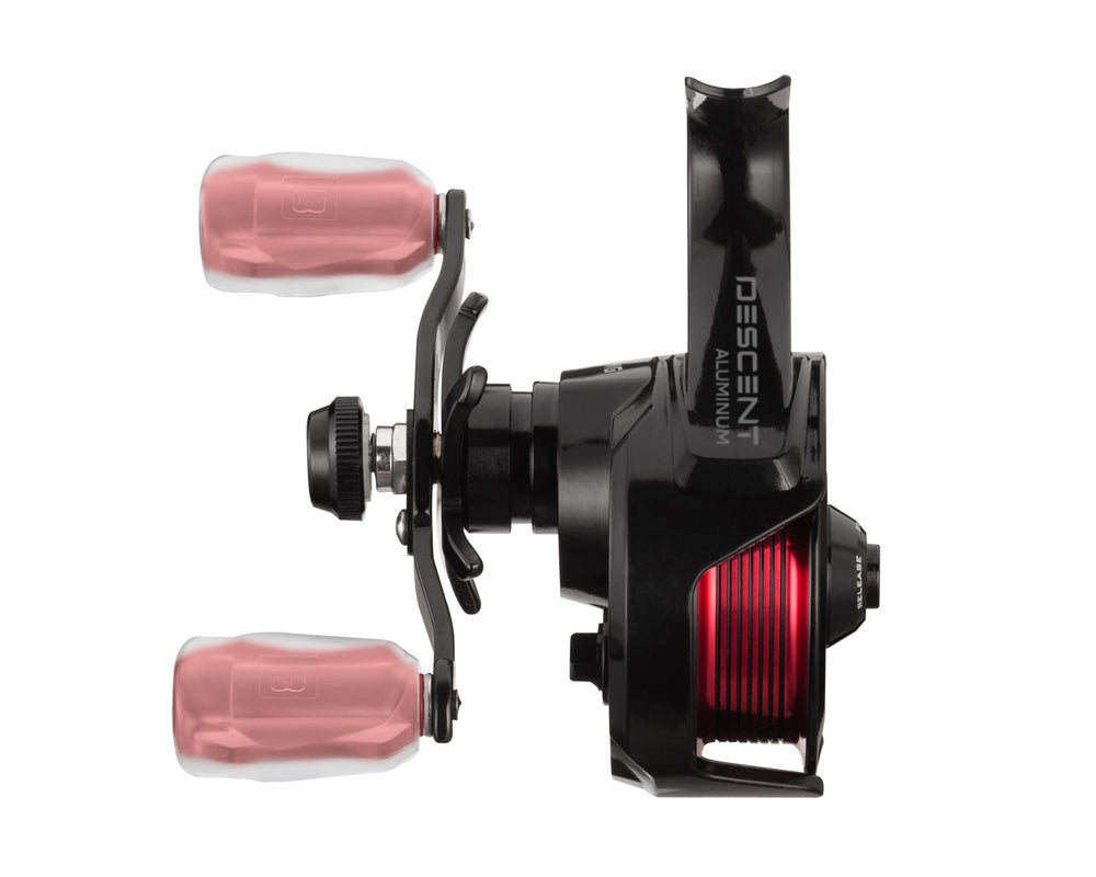 Black and red Descent Aluminum Inline Ice Reel ready for ice fishing conditions.
