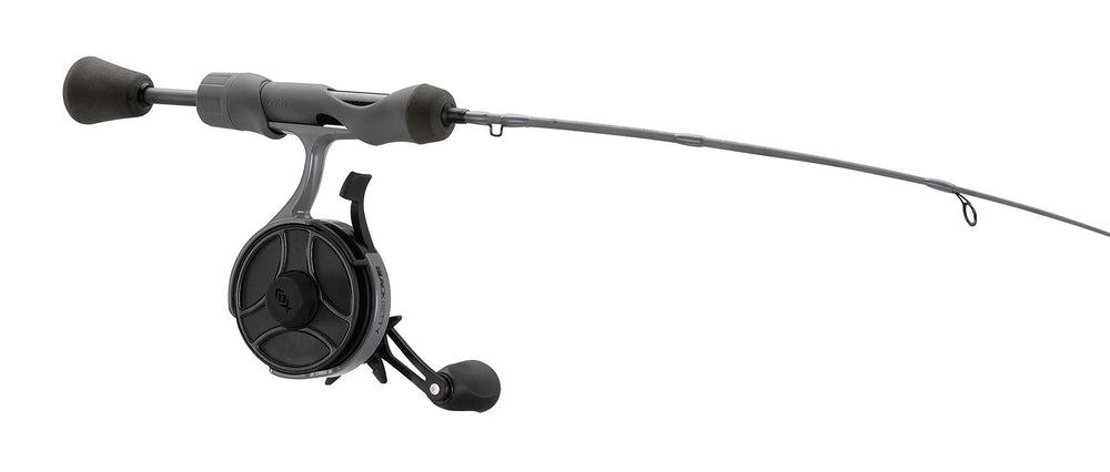 Inline reel close-up on Freefall Ghost Stealth Ice Combo with 3+1 bearings