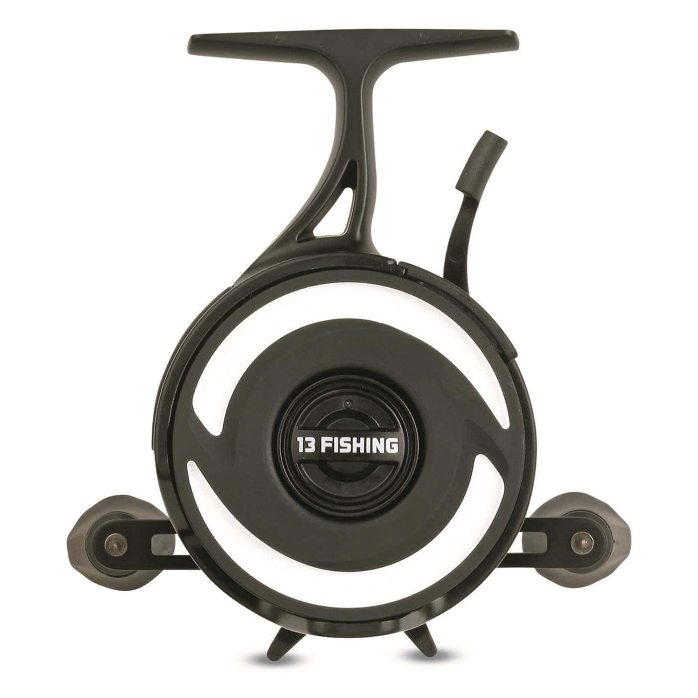 13 FISHING Freefall XL inline ice reel front view with durable graphite frame