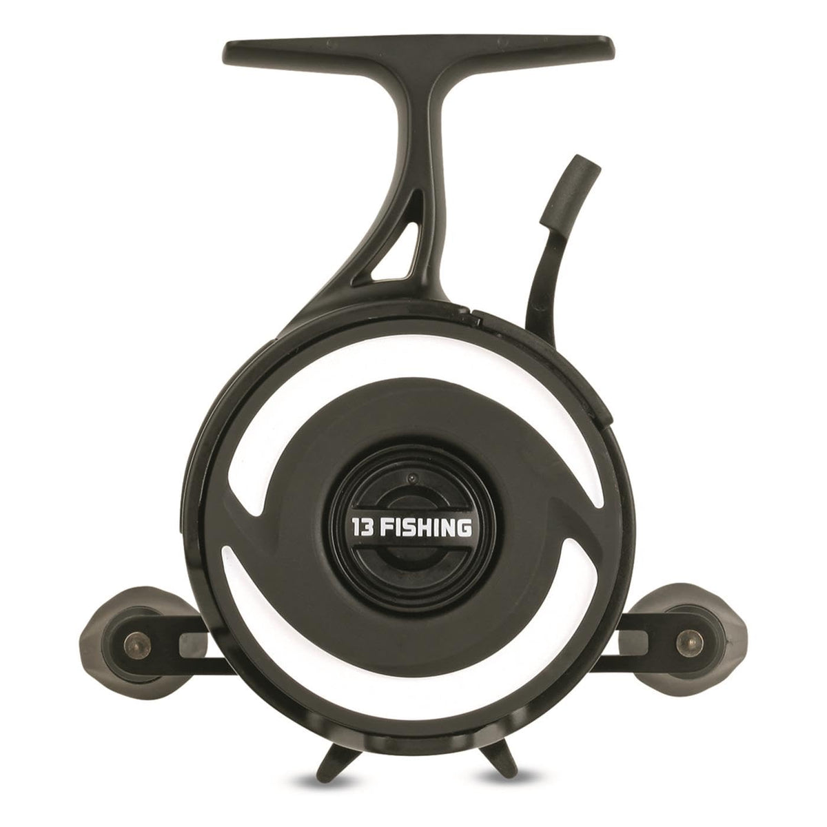 13 FISHING Freefall XL inline ice reel front view with durable graphite frame