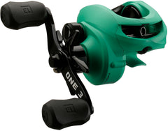 13 FISHING Origin TX left-hand saltwater baitcasting reel for rugged coastal fishing.