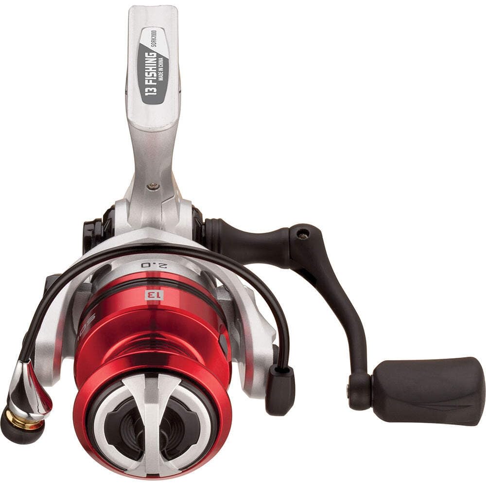 13 FISHING Source F spinning reel handle is machined aluminum for firm cranking.