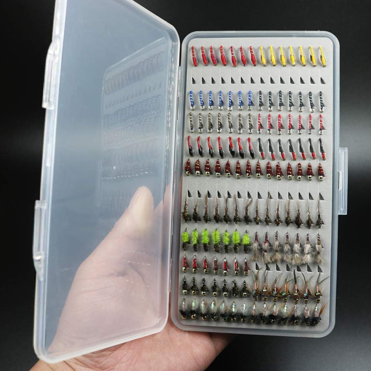 Hand-tied fly patterns with round bend hooks