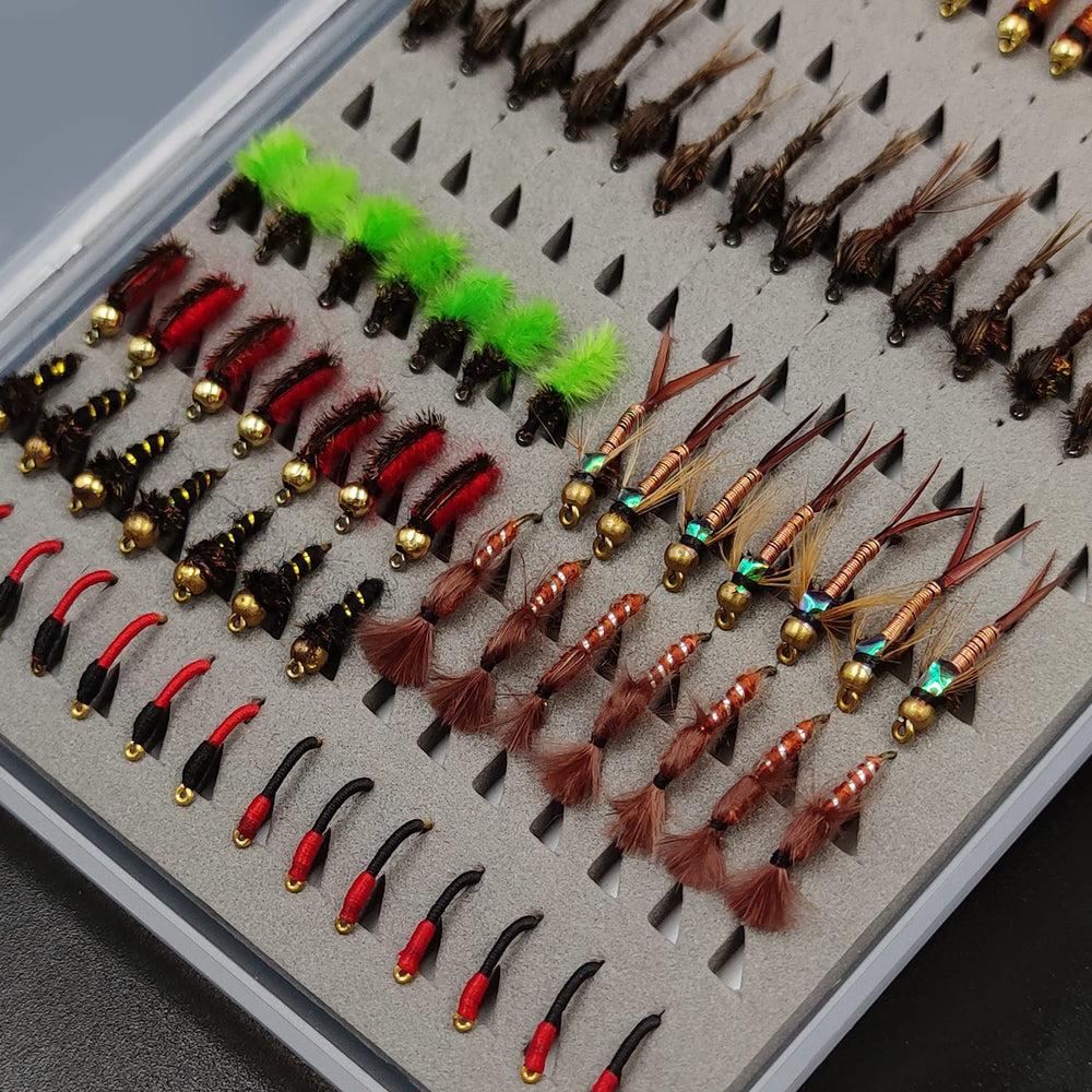 Nymph and midge patterns in sizes around 12/14