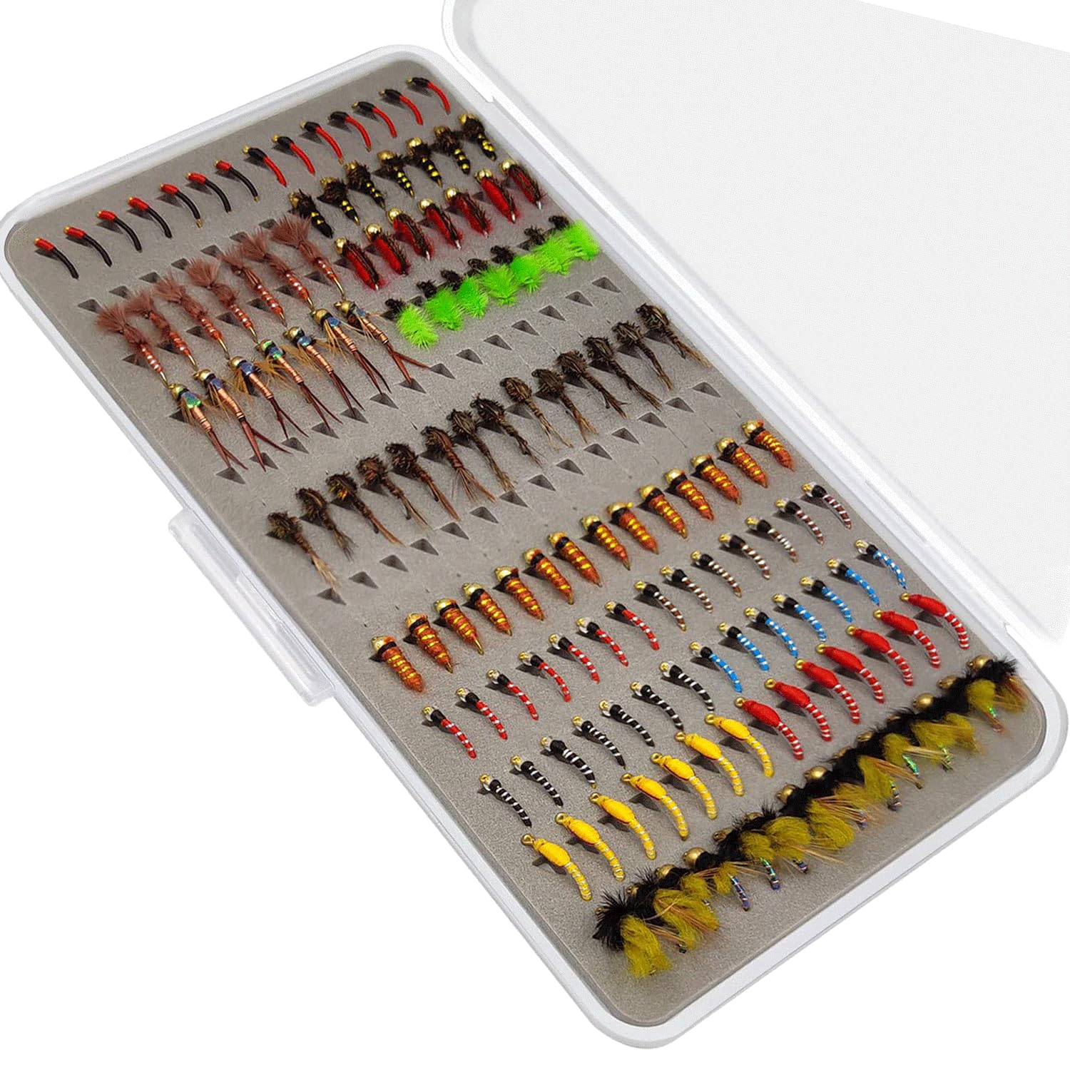 Close-up of assorted trout fishing flies and the compact box