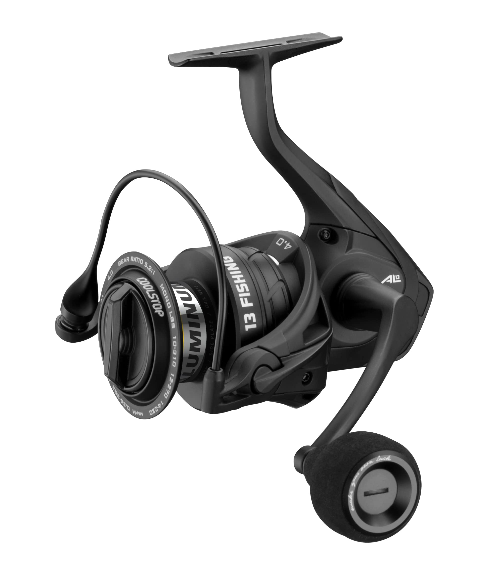 13 Fishing AL13 spinning reel front view highlights rugged all-aluminum construction for saltwater use.