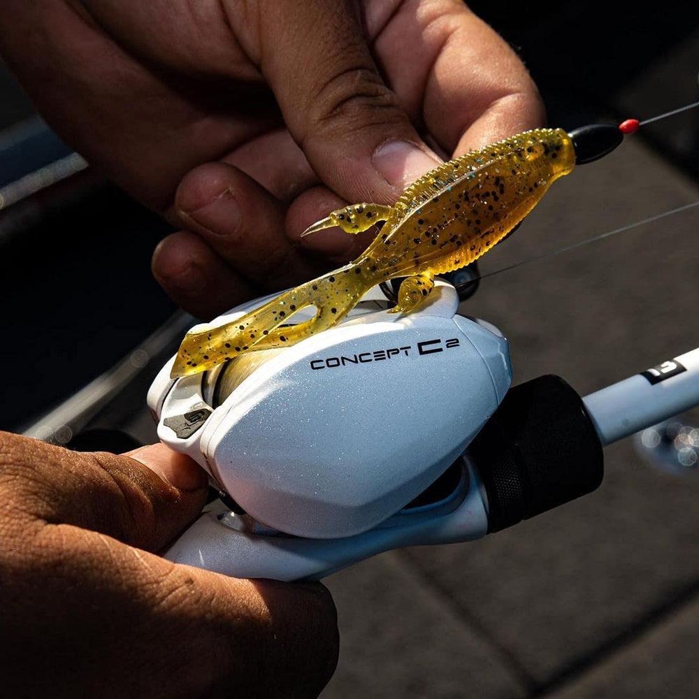 13 FISHING Concept C2 anti-reverse and clutch engage for immediate hook setting.