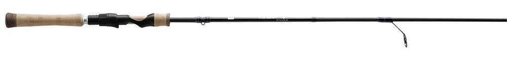 13 FISHING Defy Silver 7'0" UL spinning rod blank close-up shows sensitive tip for light lures.
