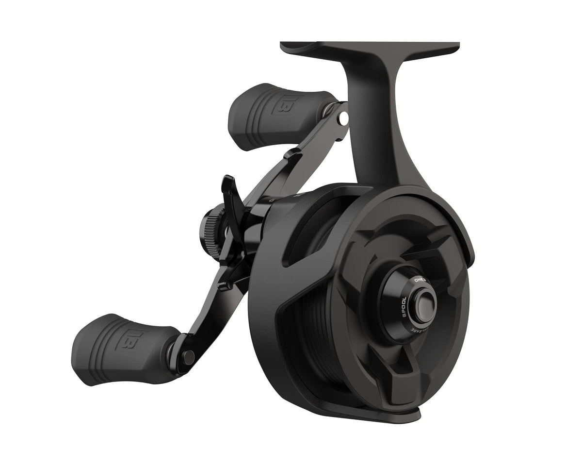 13 Fishing Descent Gen 2 inline ice reel in black, front view for compact winter setups.