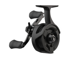 13 Fishing Descent Gen 2 inline ice reel in black, front view for compact winter setups.