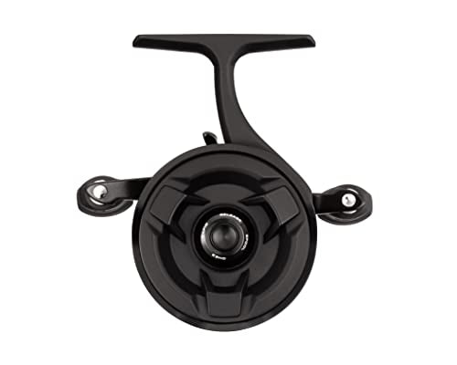 13 Fishing Descent Gen 2 inline ice reel in black, side view highlighting lightweight graphite frame.