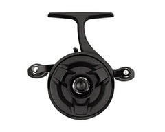 13 Fishing Descent Gen 2 inline ice reel in black, side view highlighting lightweight graphite frame.