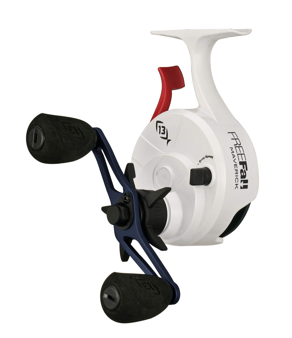 13 FISHING Freefall Ghost Maverick inline reel features graphite frame for durable ice performance