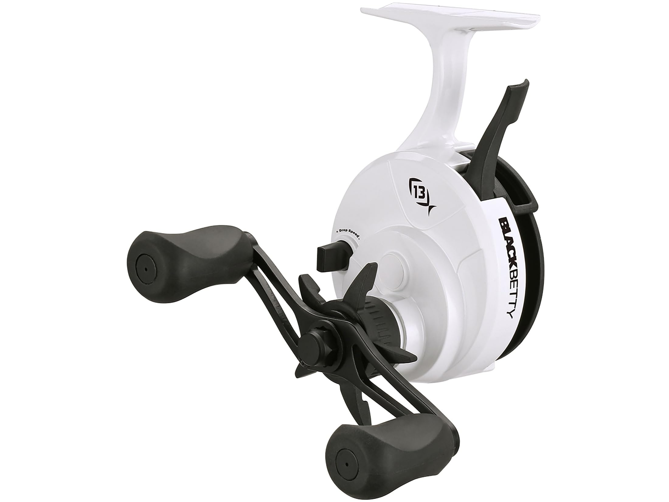 13 FISHING Freefall Ghost reel in hand for easy one-handed operation on ice
