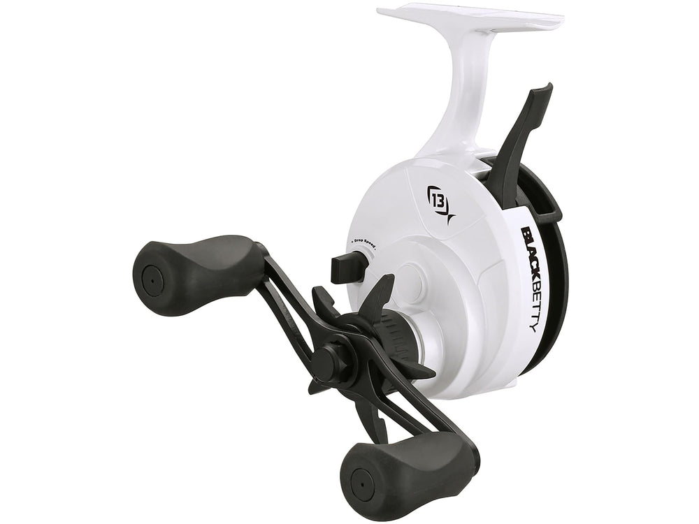 13 FISHING Freefall Ghost reel in hand for easy one-handed operation on ice