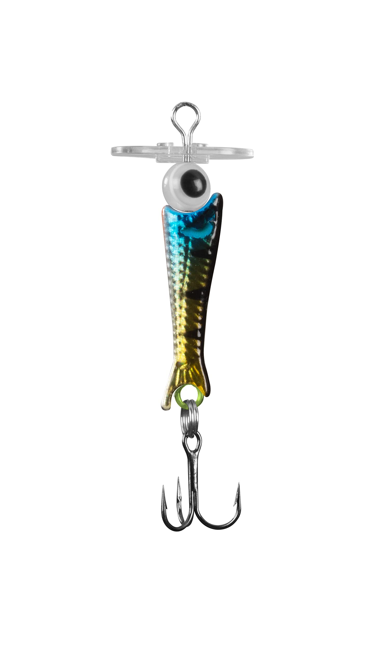 13 FISHING Jabber Blade bladed jigging spoon in Cosmic Perch enhances action for ice fishing.