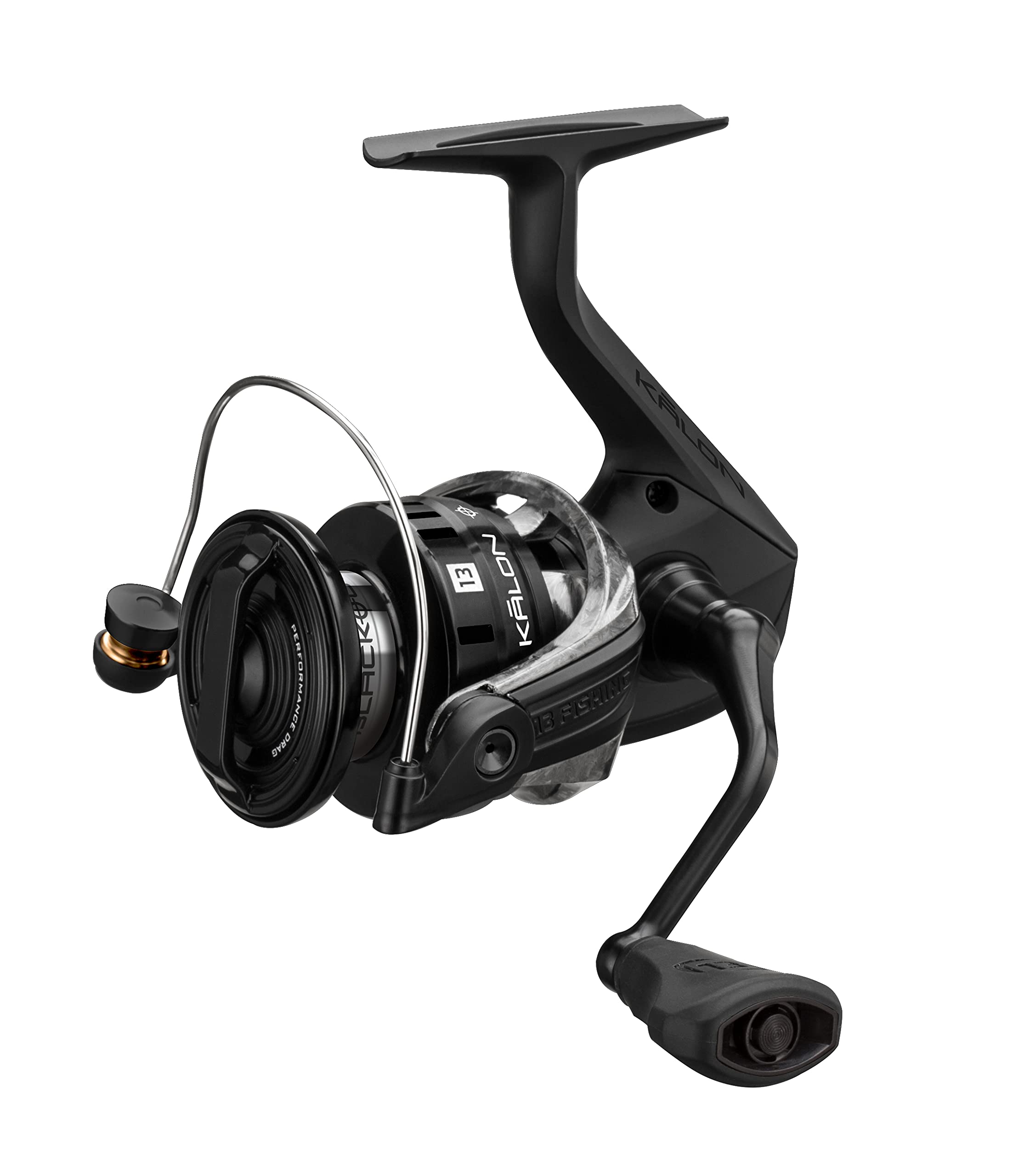 13 Fishing Kalon O Blackout reel front view, durable for salt and freshwater use.