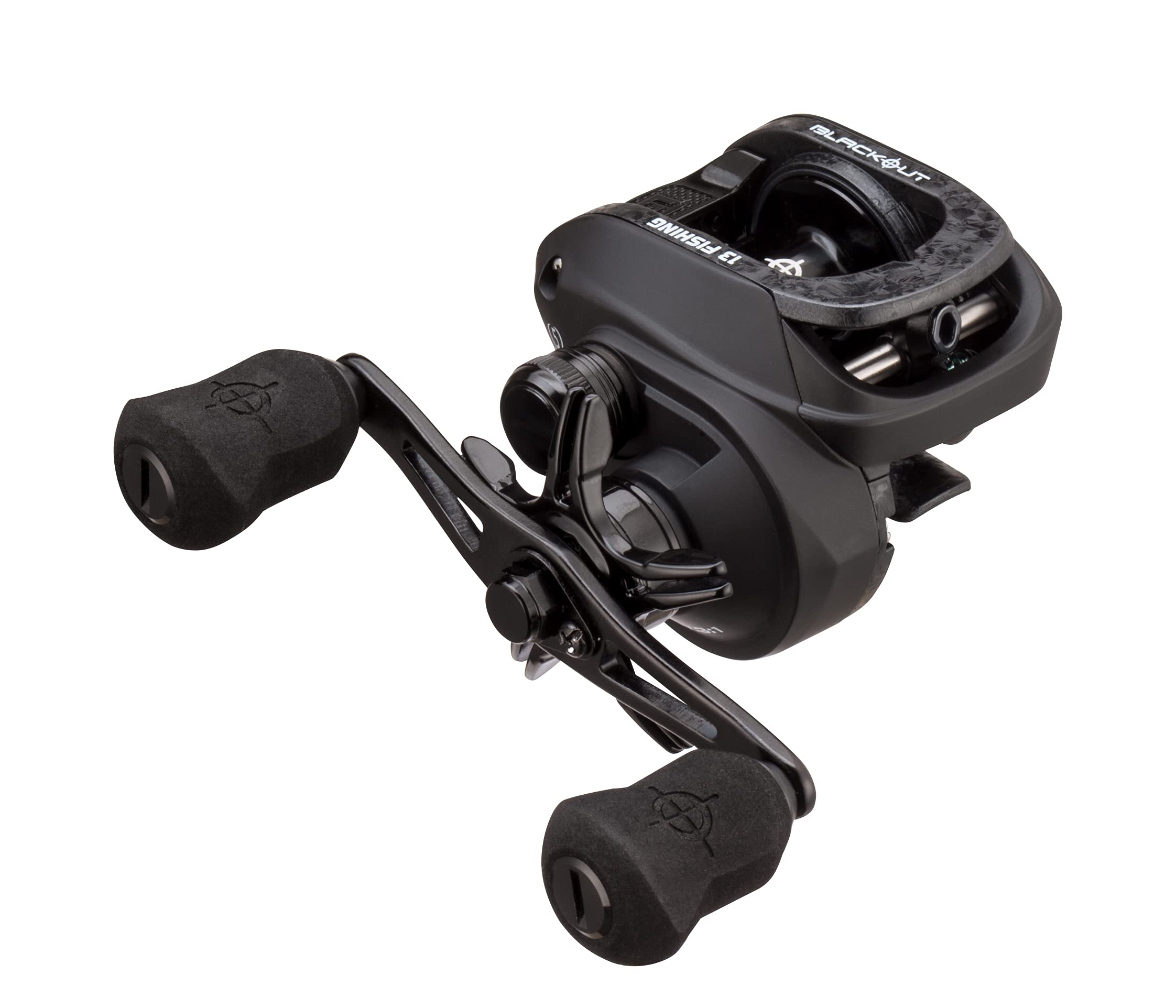 13 Fishing Origin O1 Blackout reel handle and frame close-up shows responsive control