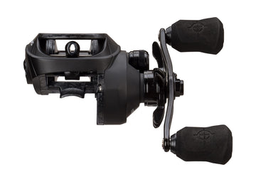 Origin O1 Blackout reel side view highlights stealth matte finish and smooth bearings.
