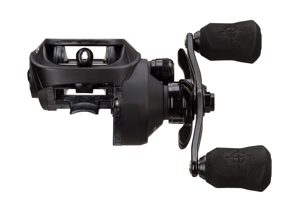 Origin O1 Blackout reel side view highlights stealth matte finish and smooth bearings.