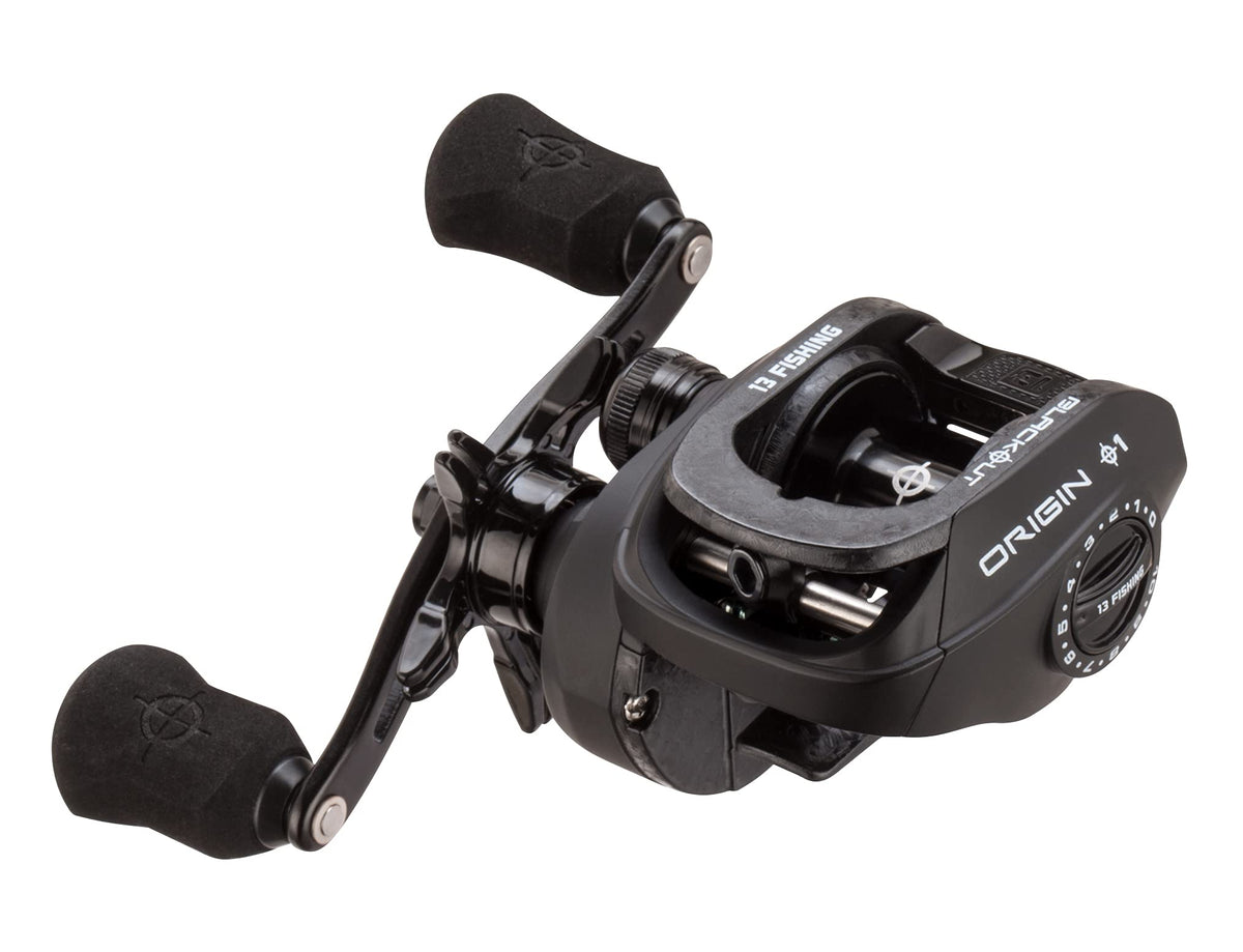 13 Fishing Origin O1 Blackout reel side view showing rugged black finish for tournament-ready handling