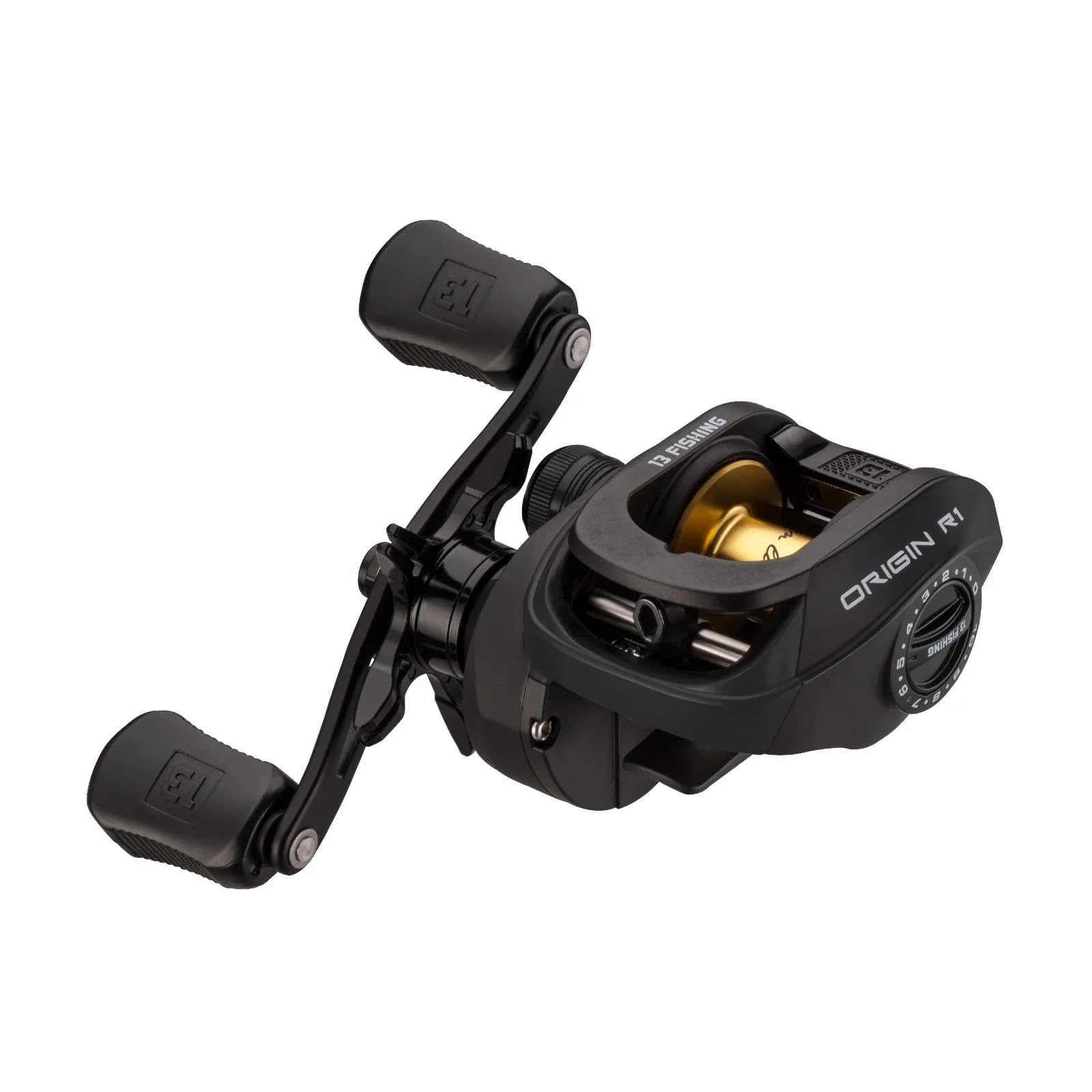 Origin R1 side view with black-gold finish, highlighting smooth 18lb drag for freshwater casting.