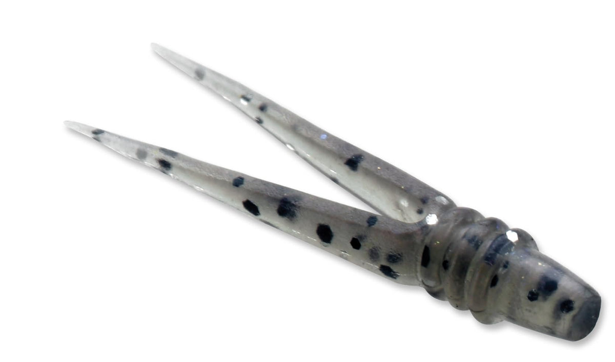 13 FISHING Sneak panfish plastics in potentially purple, boosting ice fishing attraction and lively action.