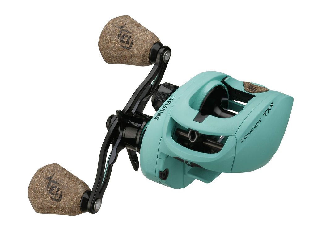 13FISHING TX2 seafoam green reel side view shows rugged low-profile frame