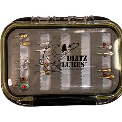 Blitz Lures 14 piece tungsten ice jig kit in silver and gold with premium case