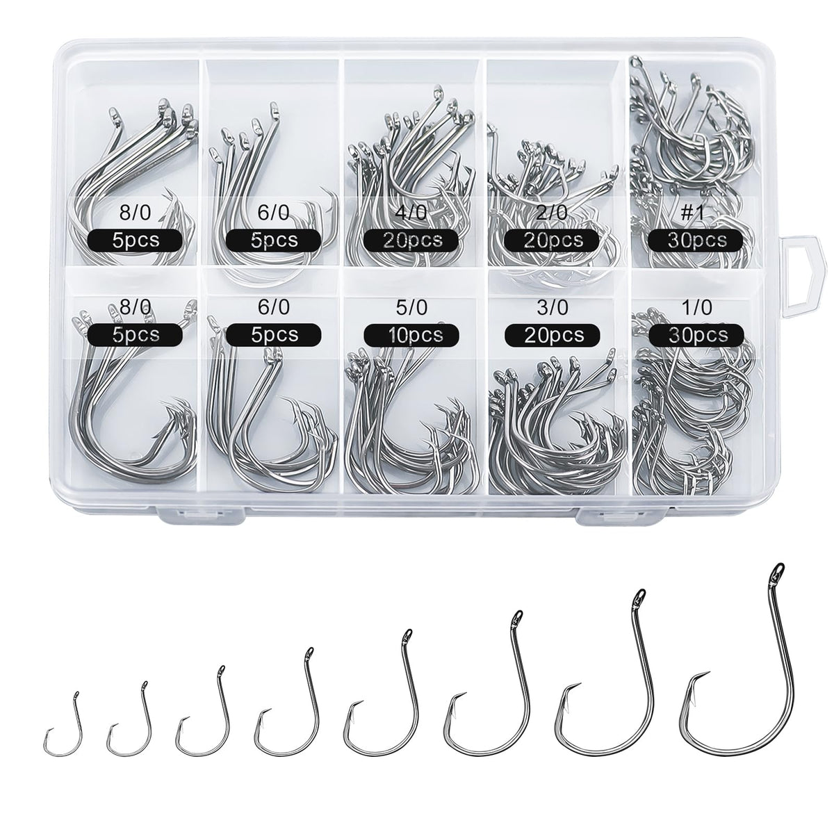 Front view of the 150-piece circle hooks box