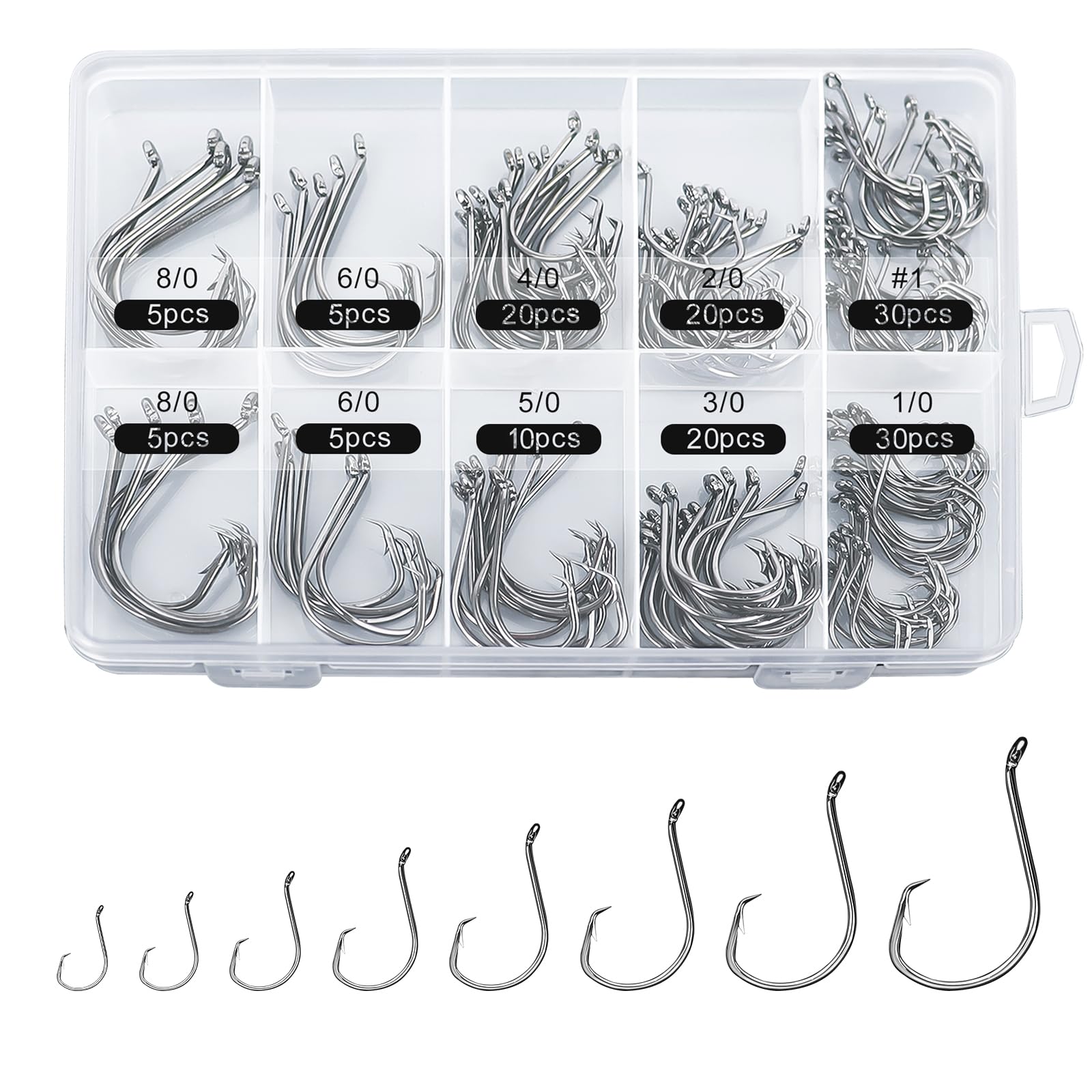 Box of 150 circle fishing hooks in a durable plastic box