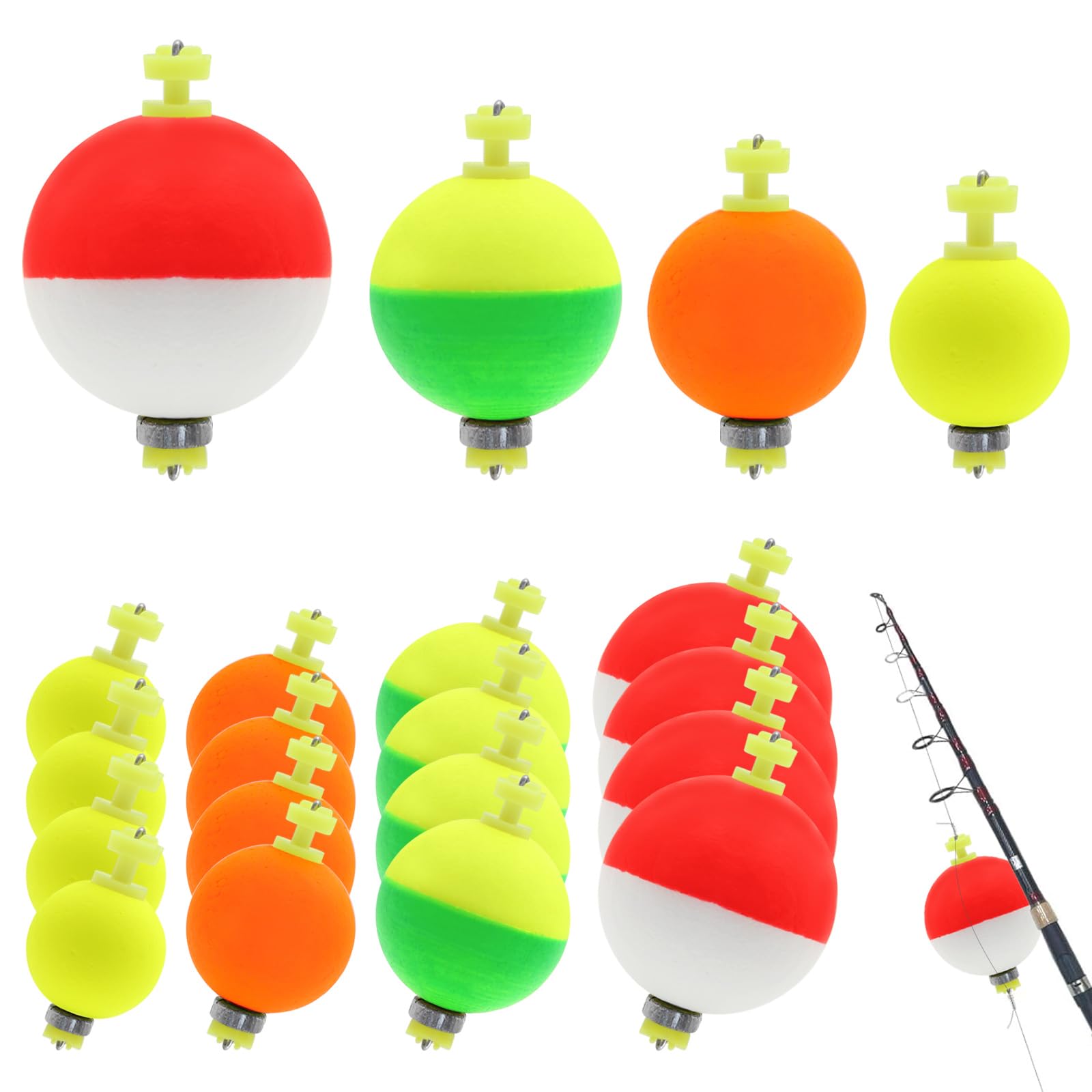 16-piece round fishing bobbers floats set in assorted sizes