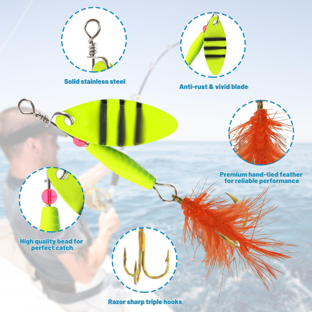 Close-up of treble hooks and rooster tail lures