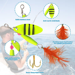 Close-up of treble hooks and rooster tail lures