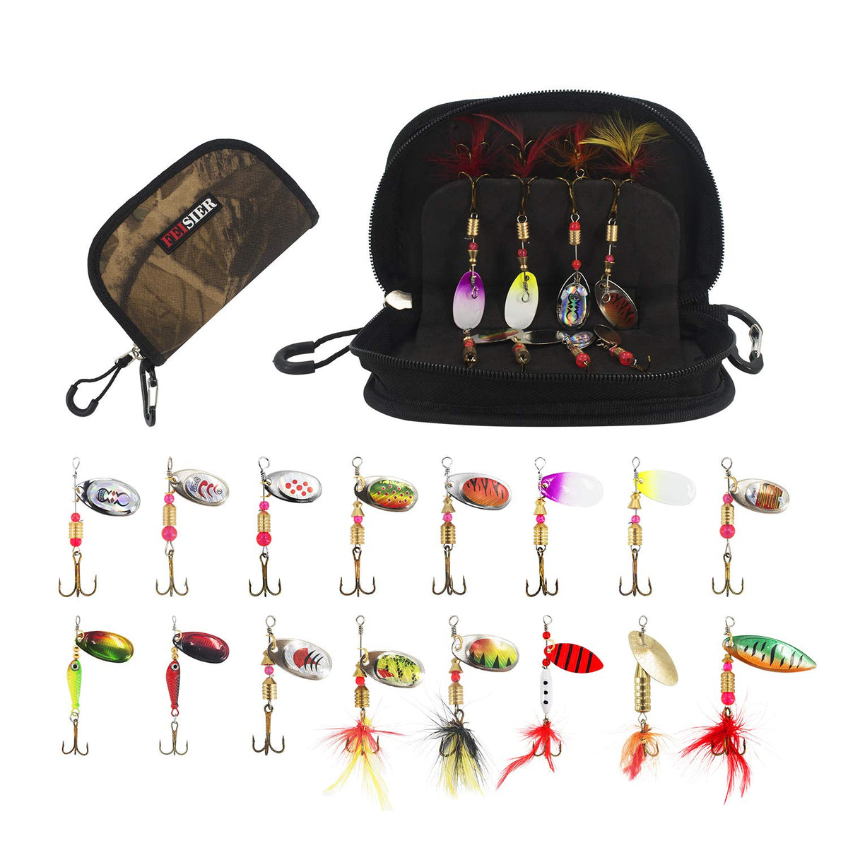Sixteen-piece fishing lures set with spinner baits in a variety of colors