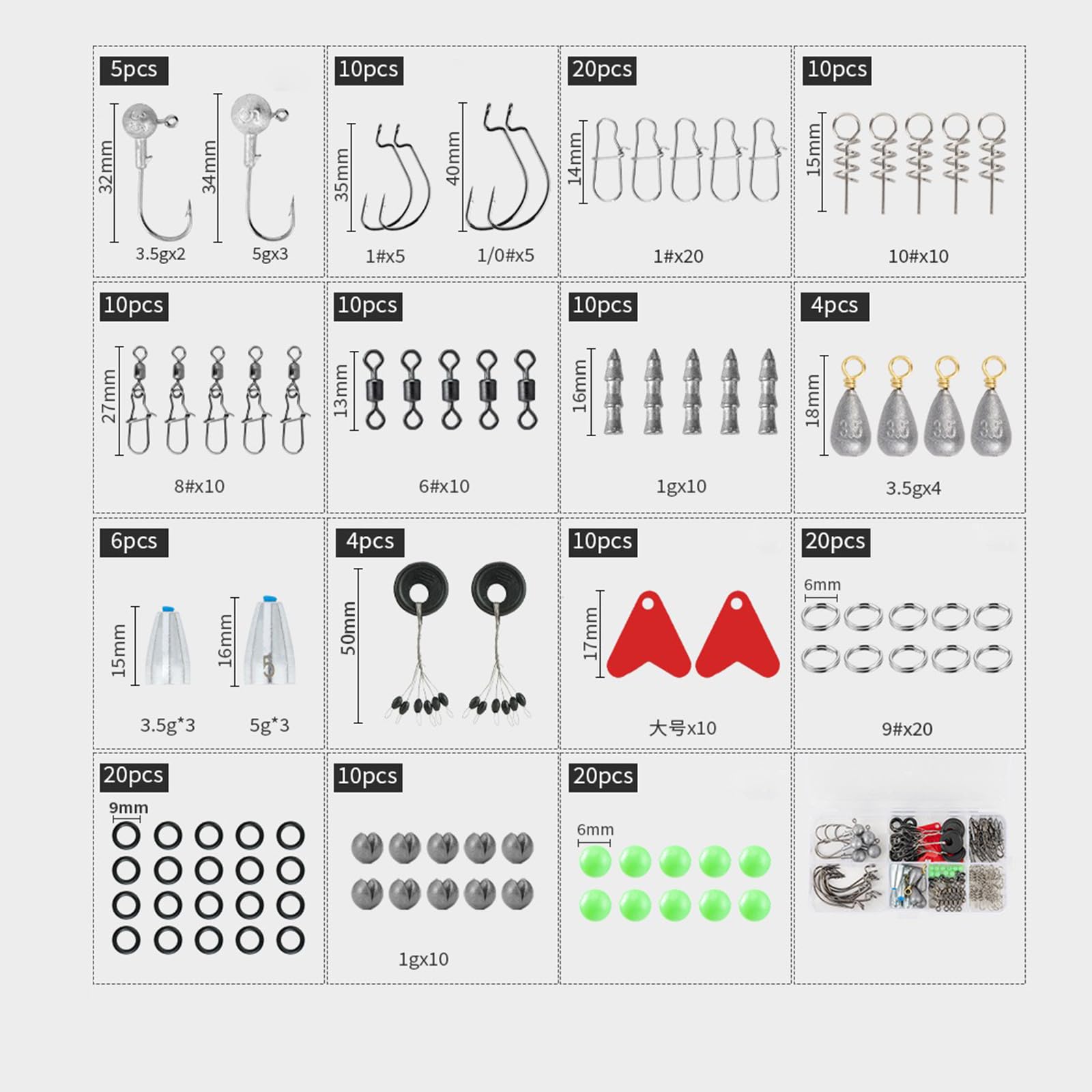 170-piece worm lure kit with assorted hooks, jigs, weights and more