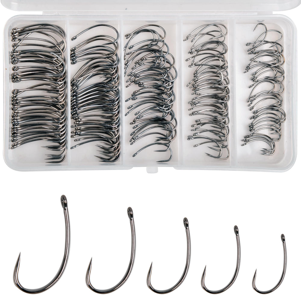 Assorted 175-piece barbless carp hooks in tackle box