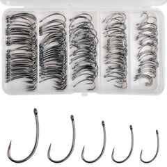 Assorted 175-piece barbless carp hooks in tackle box