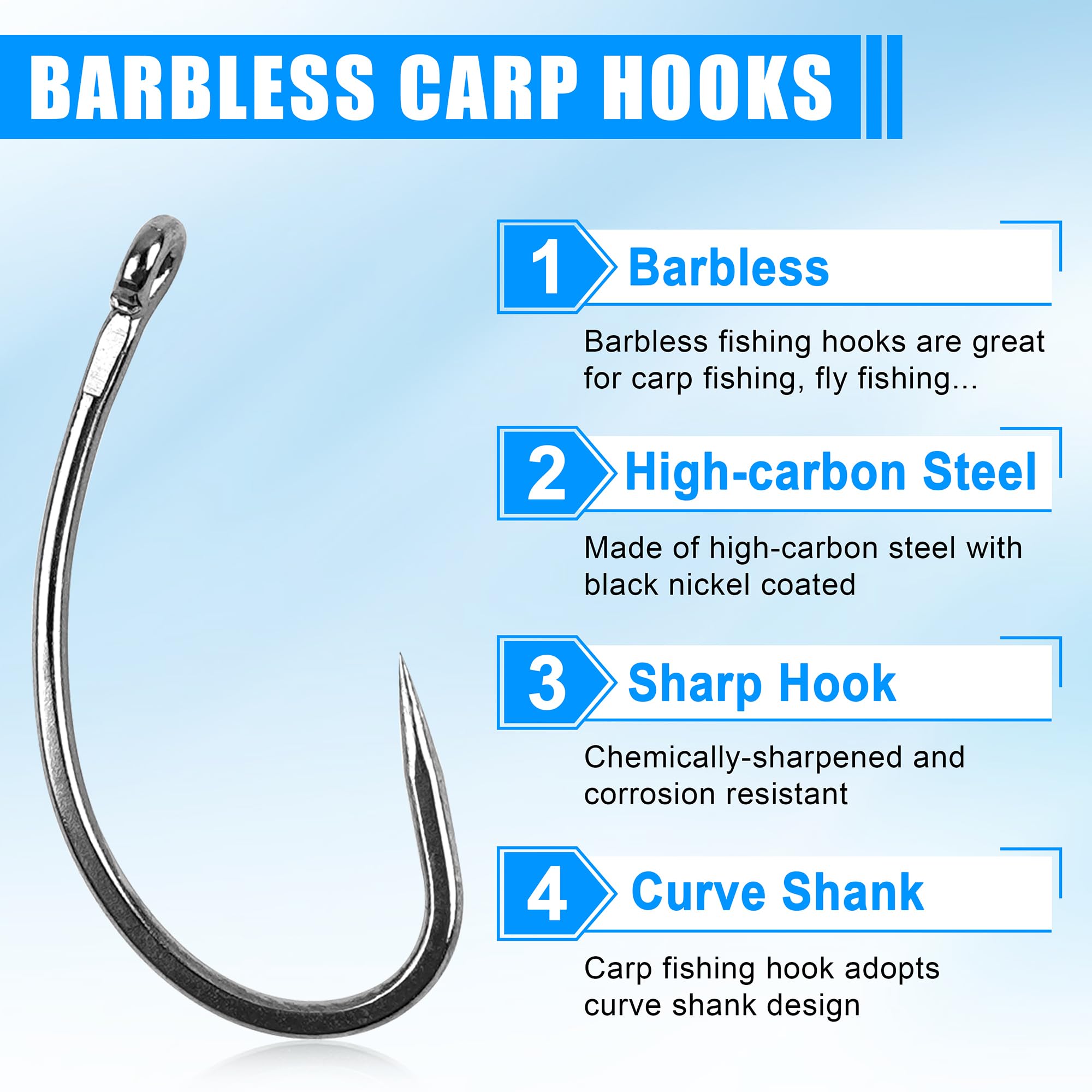 Barbless carp hooks with curve shank and wide gape