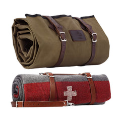 1844 Helko bedroll with olive straps detail showing rugged leather hardware for camping