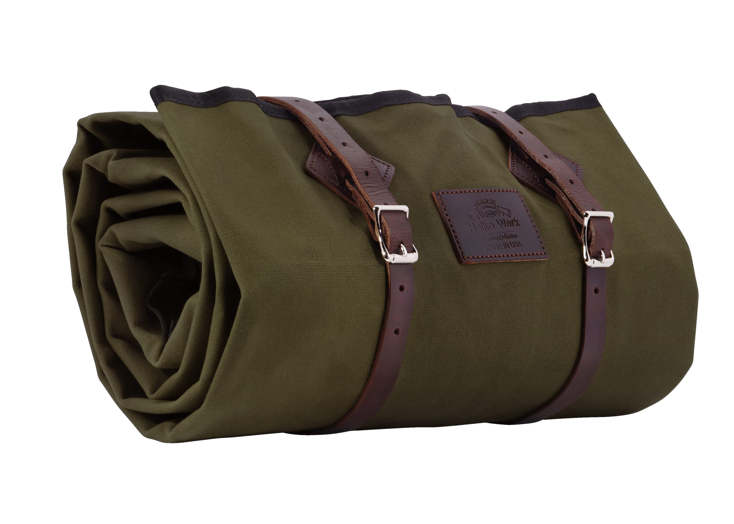 1844 Helko Werk Cowboy Bedroll forest green rolled for fast campsite setup.