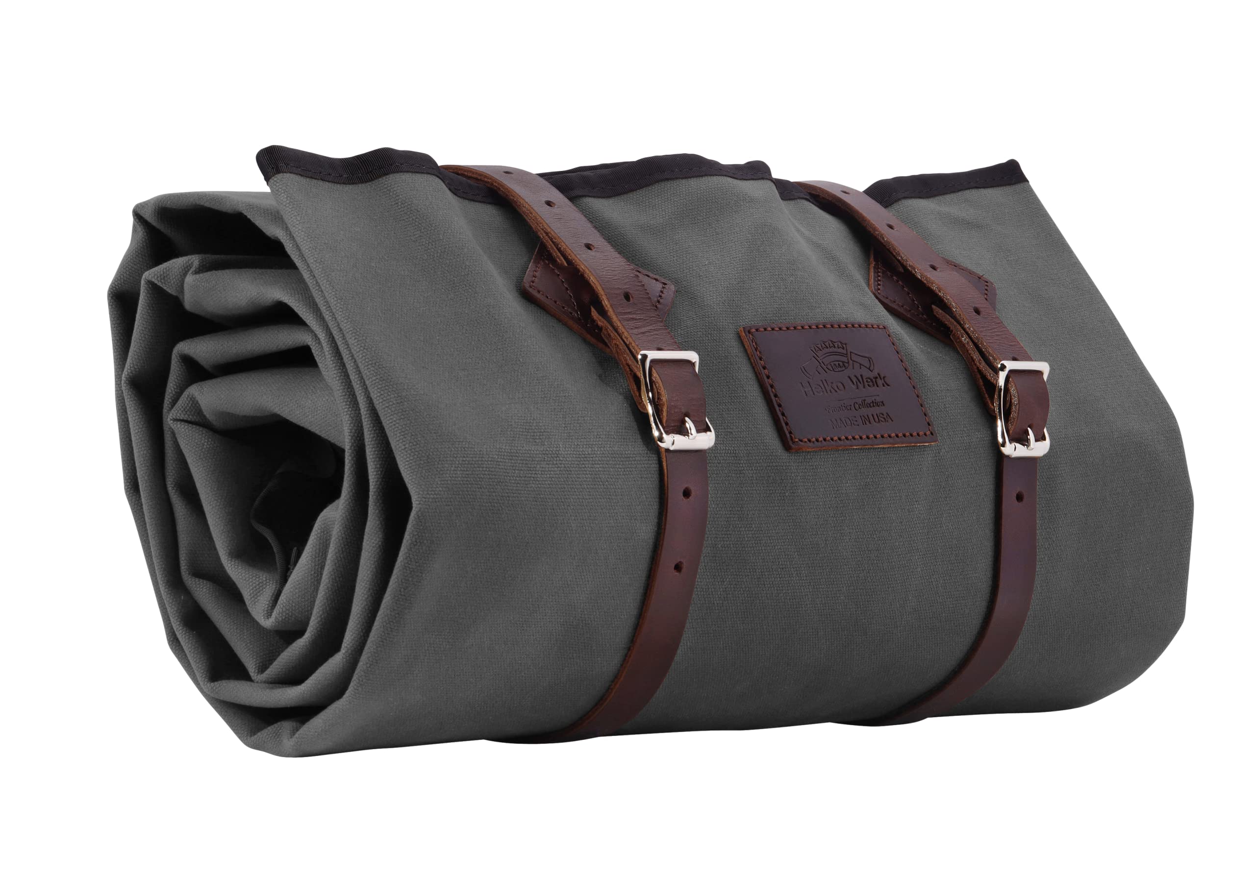 1844 Helko Werk Cowboy Bedroll in slate gray with leather straps for portable camping comfort