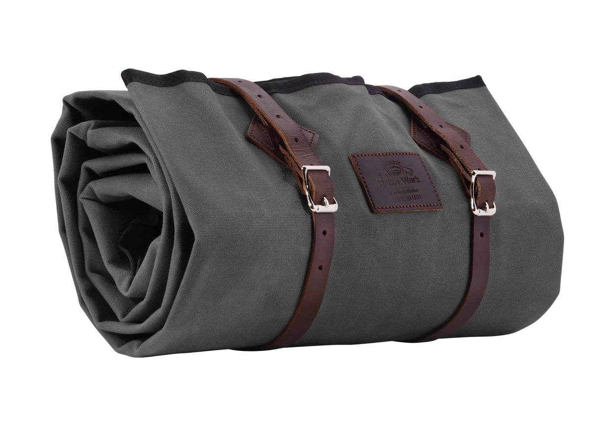 1844 Helko Werk Cowboy Bedroll in slate gray with leather straps for portable camping comfort