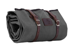 1844 Helko Werk Cowboy Bedroll in slate gray with leather straps for portable camping comfort